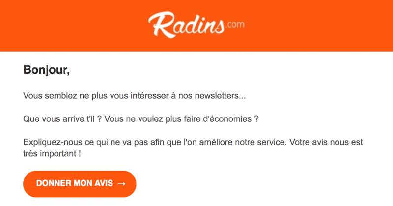 Comment réengager des contacts inactifs d'une newsletter ? exemple de radins.com sondage